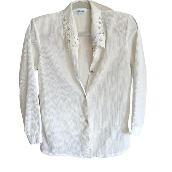 ROYAL DEL Vintage 70s White Crepe Button Down Shirt Lace Embellished Collar S - Picture 14 of 15